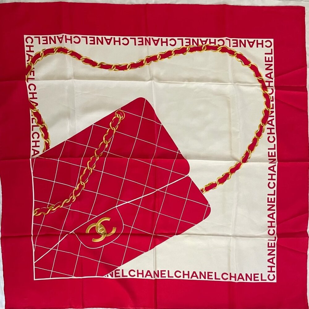 Chanel Vintage Scarf – Red Silk with Signature Flap Bag Print & Quilted Design